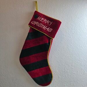 Vintage Christmas Stocking Red Green Stripe Gold Cord‎ Merry Christmas Button